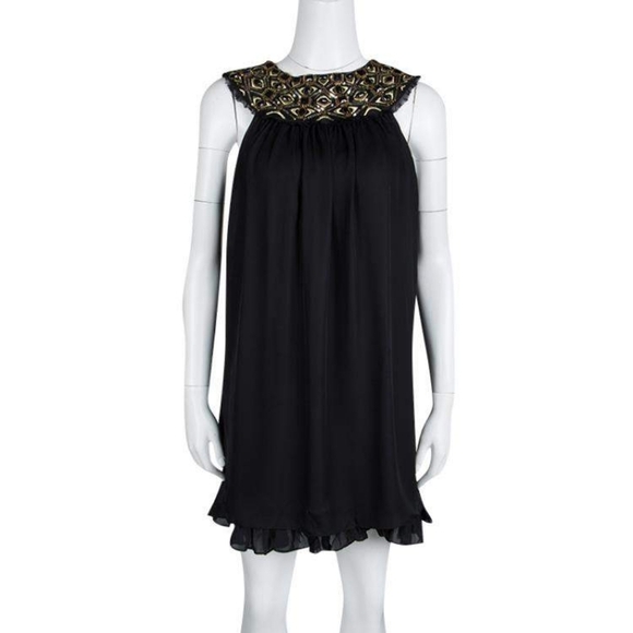 Alice + Olivia Black Embellished Neck Detail Sleeveless Silk Trapeze Dress - Picture 1 of 11